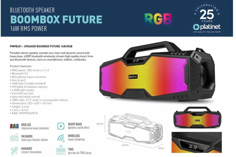 Bluetooth nešiojamas garsiakalbis Platinet (PMPB401) Boombox Future (16W, RGB) juodas