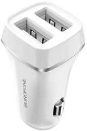 Dėklas Įkroviklis automobilinis Borofone BZ2 su dviem USB jungtimis (2.4A) baltas