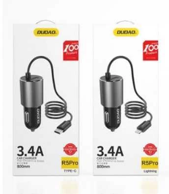 Dudao R5ProL automobilinis įkroviklis 1x USB, 3.4A + Lightning laidas (pilkas)