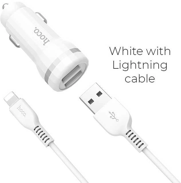 Įkroviklis automobilinis Hoco Z27 USB + "lightning" (5V 2.4A) baltas