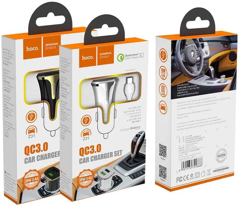 Automobilinis įkroviklis Hoco Z31 Quick Charge 3.0 (3.4A) su 2 USB jungtimis + microUSB baltas