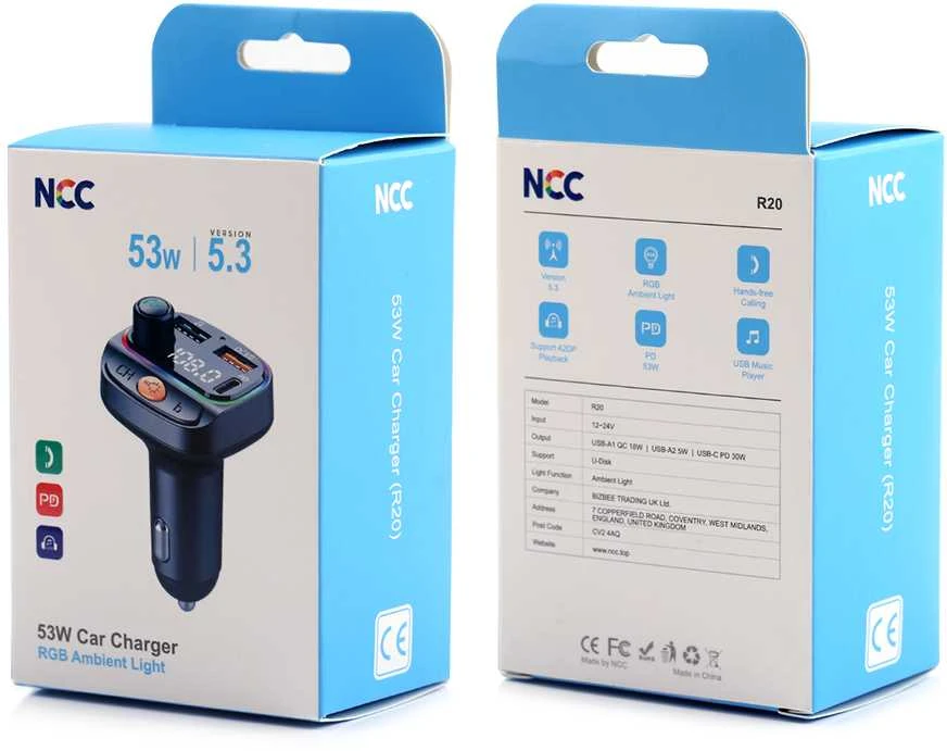 Įkroviklis automobilinis NCC R20 (53W) juodas