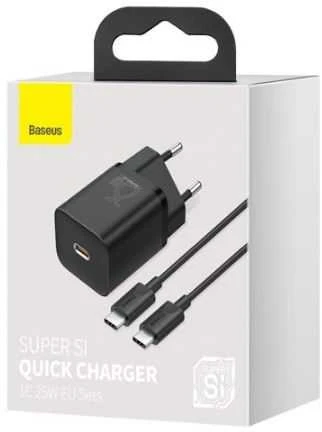 Baseus Super Si greitas įkroviklis 1C 25W su USB-C - USB-C kabelis 1m - Juodas