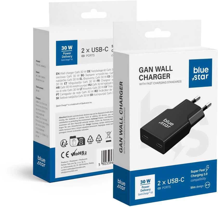 BlueStar Telefono įkroviklis Blue Star Slim GaN 2 x USB C QC4.0 PD 3A 30W TFK-SC-30WCC juodas