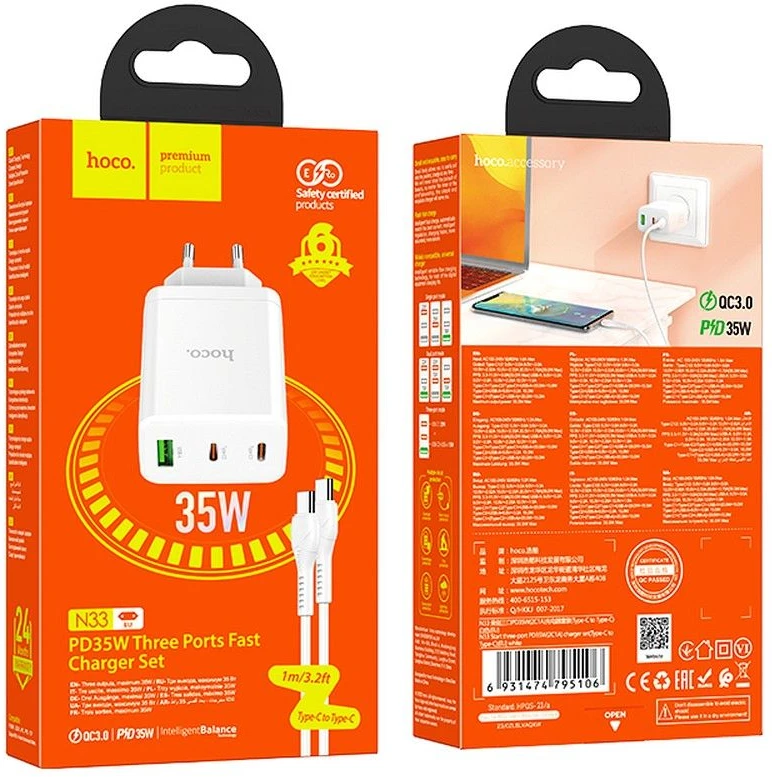 Telefono įkroviklis Hoco 2 x USB C + USB A QC3.0 PD 3A 35W + laidas USB C į USB C N33 baltas