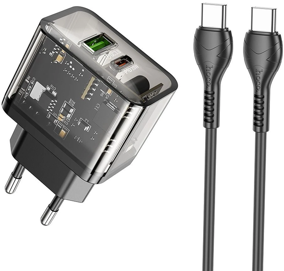 Telefono įkroviklis Hoco USB A + USB C QC3.0 PD 3A 20W + laidas USB C į USB C N34 skaidrus