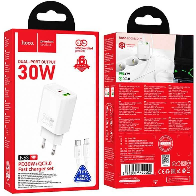 Telefono įkroviklis Hoco USB A + USB C QC3.0 PD 3A 30W + laidas USB C į USB C N63 baltas