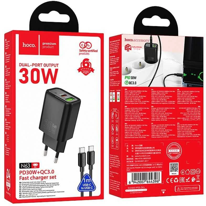 Telefono įkroviklis Hoco USB A + USB C QC3.0 PD 3A 30W + laidas USB C į USB C N63 juodas
