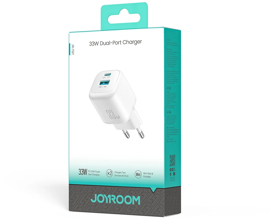 Joyroom JR-TG7 33W USB-A + USB-C sieninis įkroviklis – baltas