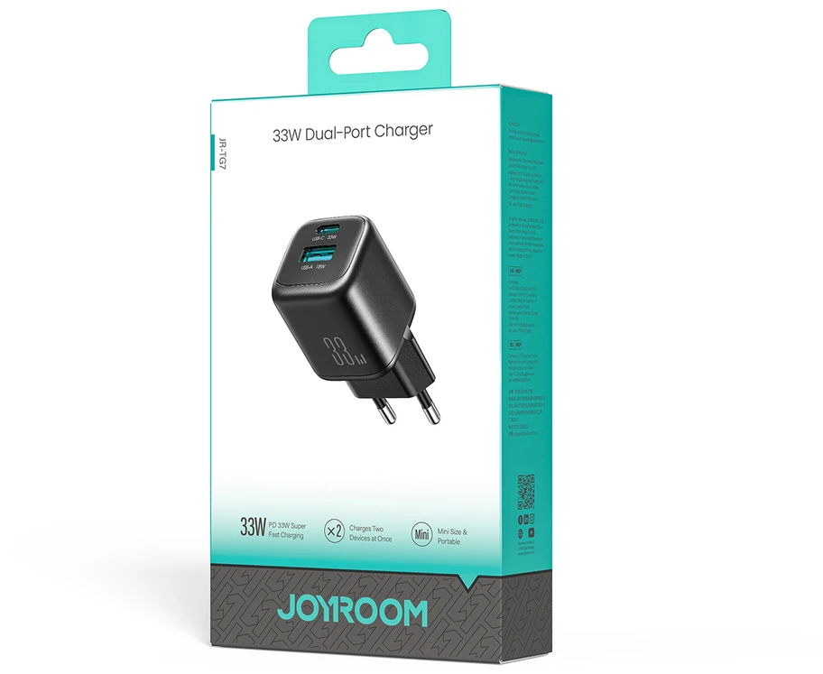 Joyroom JR-TG7 33W USB-A + USB-C sieninis įkroviklis – juodas