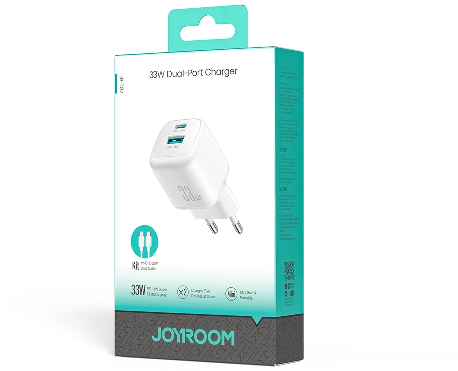 Joyroom JR-TG7 33W USB-A + USB-C sieninis įkroviklis su 60W USB-C į USB-C 1m laidu - Baltas