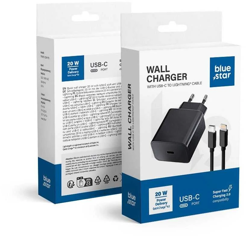 BlueStar Įkroviklis Blue Star (TFB-TC-20W) + "USB-C (Type-C) to Lightning Cable" (1xUSB-C 20W) juodas