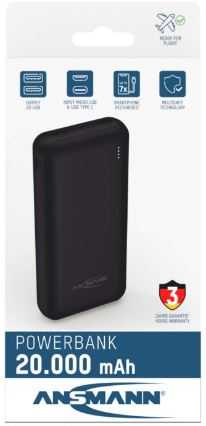 Išorinė baterija POWER BANK ANSMANN (PB212) 20000mAh (2xUSB; 1xUSB-C) juoda