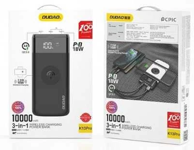 Išorinė baterija POWER BANK Dudao K13Pro 10000mAh su belaidžiu įkrovikliu (PD+QC3.0 10W) juoda