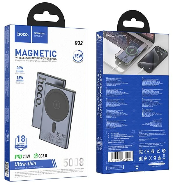 „MagSafe Hoco 5000 mAh QC PD 20W Q32“ metalinis pilkas nešiojamas akumuliatorius