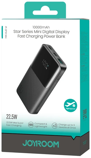 Joyroom JR-QP191 Star Series Mini 10000mAh 22.5W Powerbank with Digital Ekranas - Juodas