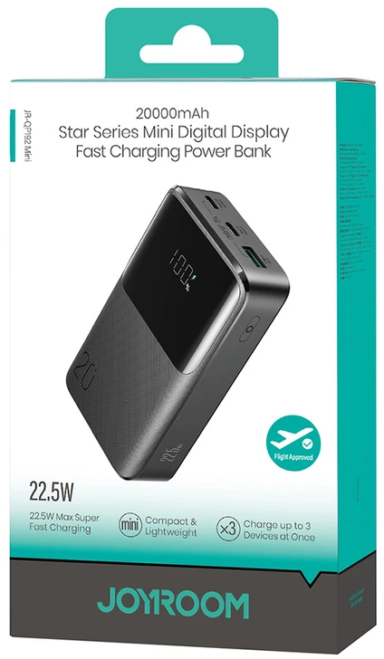 Joyroom JR-QP192 Star Series Mini 20000mAh 22.5W Powerbank with Digital Ekranas - Juodas