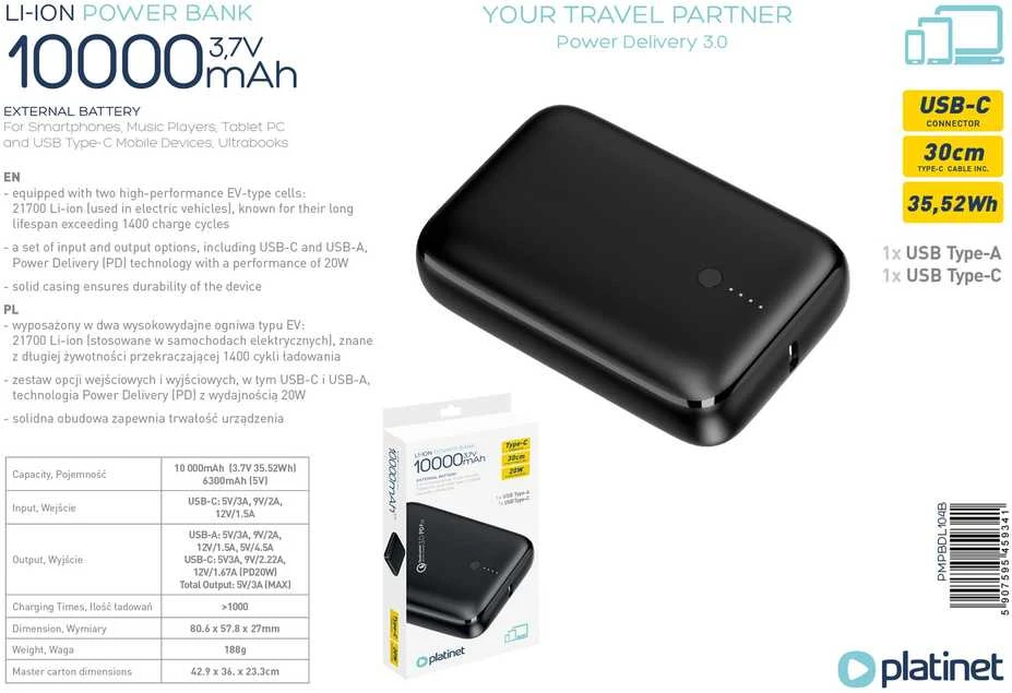 Išorinė baterija POWER BANK Platinet 10000mAh (1xUSB; 1xType-C; 20W) juoda