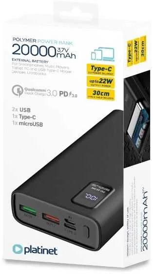 Išorinė baterija POWER BANK Platinet 20000mAh (2xUSB; 1xType-C; QC3.0 22,5W) juoda