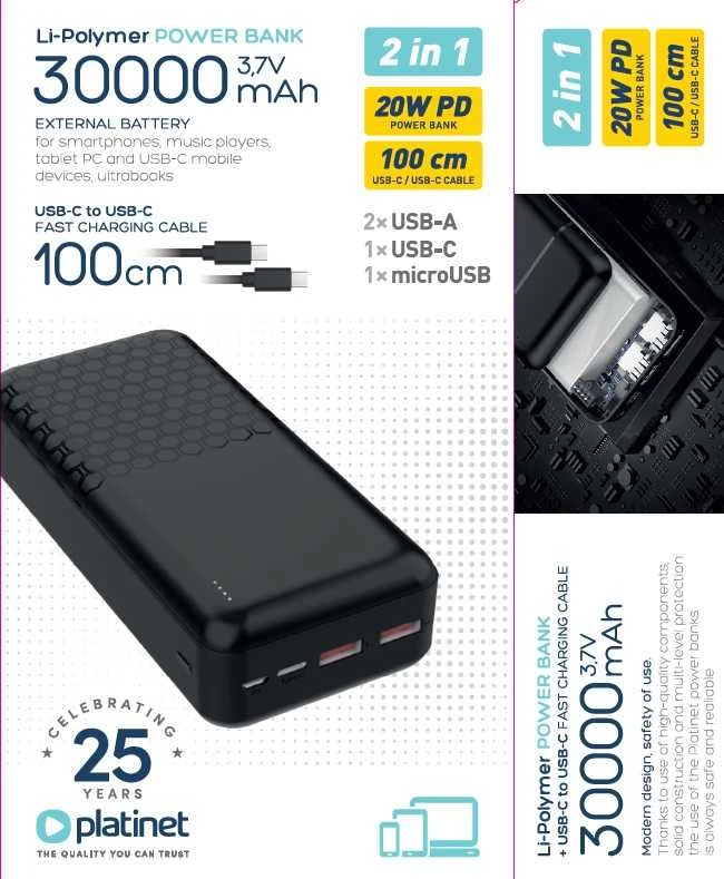 Išorinė baterija POWER BANK Platinet 30000mAh (2xUSB; 1xType-C; QC3.0 22.5W) juoda