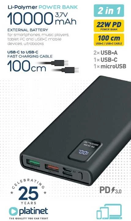 Išorinė baterija POWER BANK Platinet LED 10000mAh (2xUSB; 1xType-C; QC3.0 22,5W) juoda