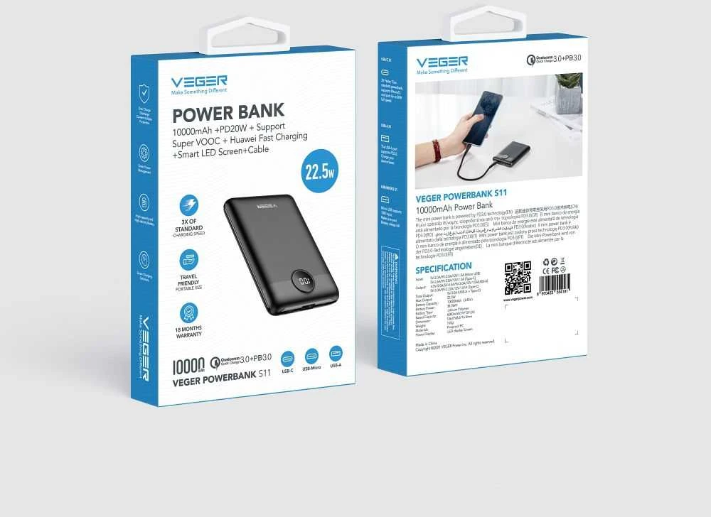 Išorinė baterija POWER BANK VEGER S11 10000mAh (Type-C; MicroUSB; 22.5W) juoda