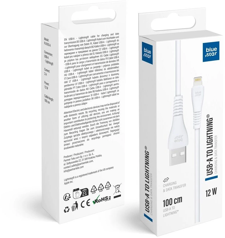 BlueStar USB A tipo laidas su „Lightning“ jungtimi, mėlynas, žvaigždės formos, 2A, 12W, 1 m, PJ-DG5-A, baltas