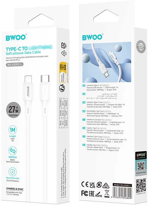 USB kabelis Bwoo (X329CL) „USB-C (Type-C) - Lightning“ (27W) 1m baltas