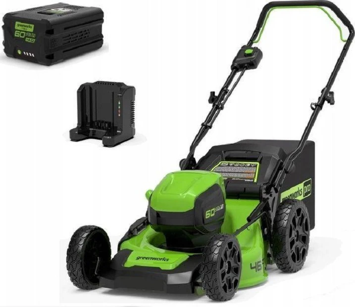 Greenworks rankinė stumiama vejapjovė GD60LM46HP 60V 46 cm su 2Ah akumuliatoriumi ir įkrovikliu