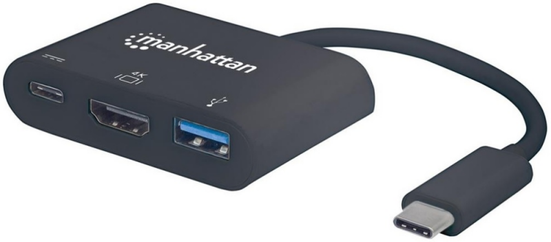 „Intracom“ MANHATTAN USB tipo C HDMI doko keitiklis USB 3.1 tipo C vyriškas į HDMI A tipo USB ir C tipo USB moteriškas kelių prievadų keitiklis