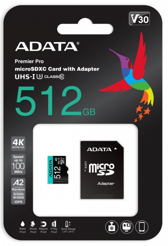 Atminties kortelė ADATA Premier Pro UHS-I U3 512 GB, micro SDXC, Flash atminties klasė 10, su adapteriu