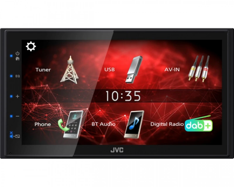 JVC KW-M27DBT ekranas su aktyviu meniu