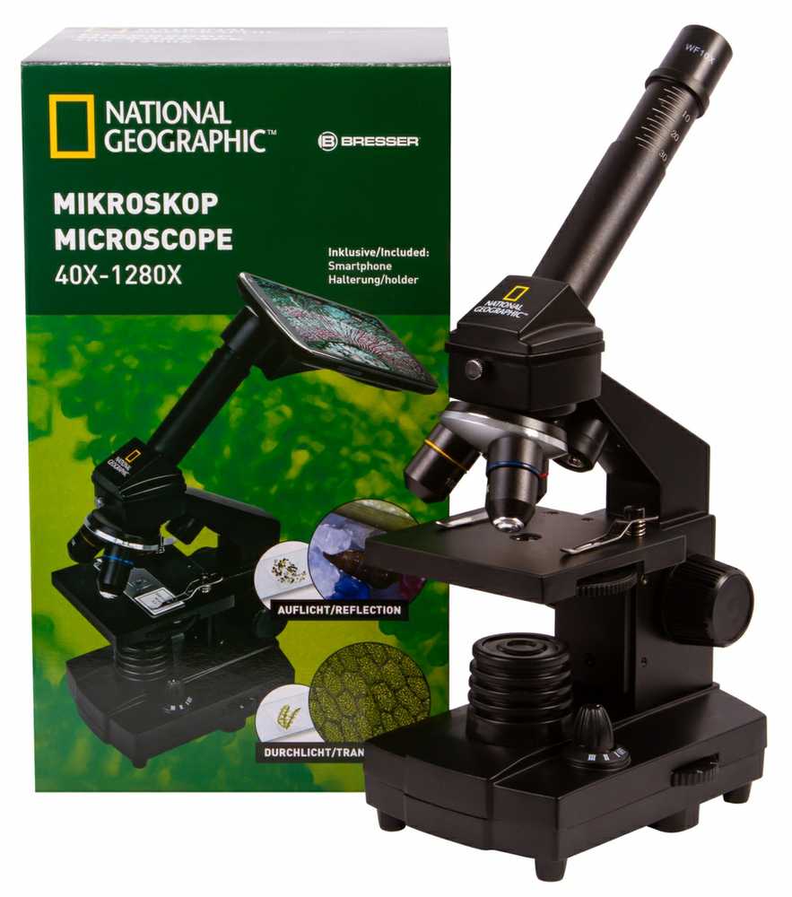 Dėlionė Bresser National Geographic Mikroskopas NATIONAL GEOGRAPHIC 40X-1280X su eksperimentiniu rinkiniu ir išmaniojo telefon