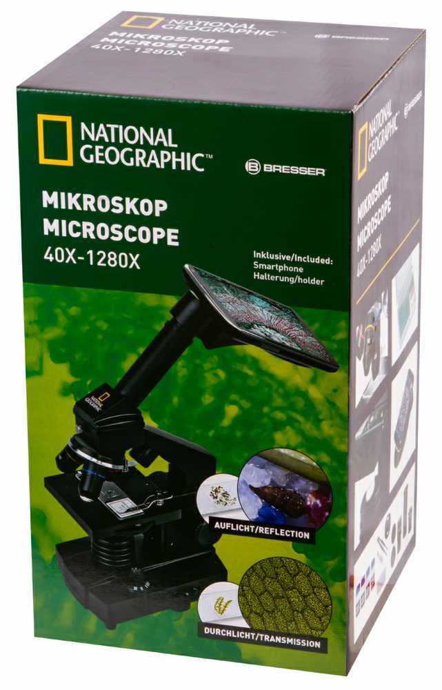 Dėlionė Bresser National Geographic Mikroskopas NATIONAL GEOGRAPHIC 40X-1280X su eksperimentiniu rinkiniu ir išmaniojo telefon