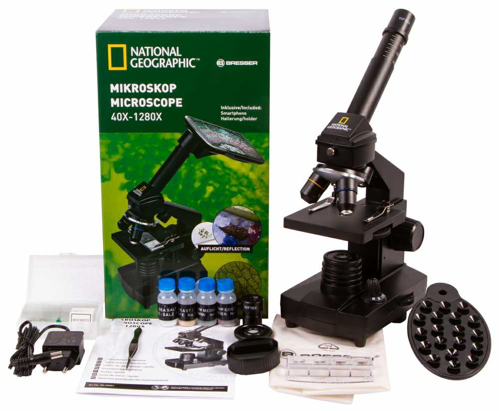 Dėlionė Bresser National Geographic Mikroskopas NATIONAL GEOGRAPHIC 40X-1280X su eksperimentiniu rinkiniu ir išmaniojo telefon