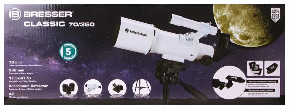 Teleskopas Bresser Classic 70/350 AZ 18 - 140x su išmaniojo telefono adapteriu