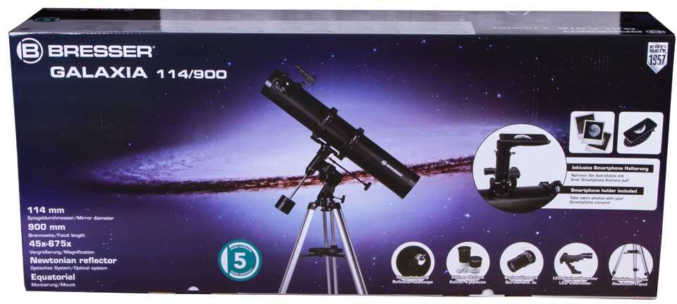 Teleskopas BRESSER Galaxia 114/900 EQ-Sky <228x su saulės filtru ir išmaniųjų telefonų ada