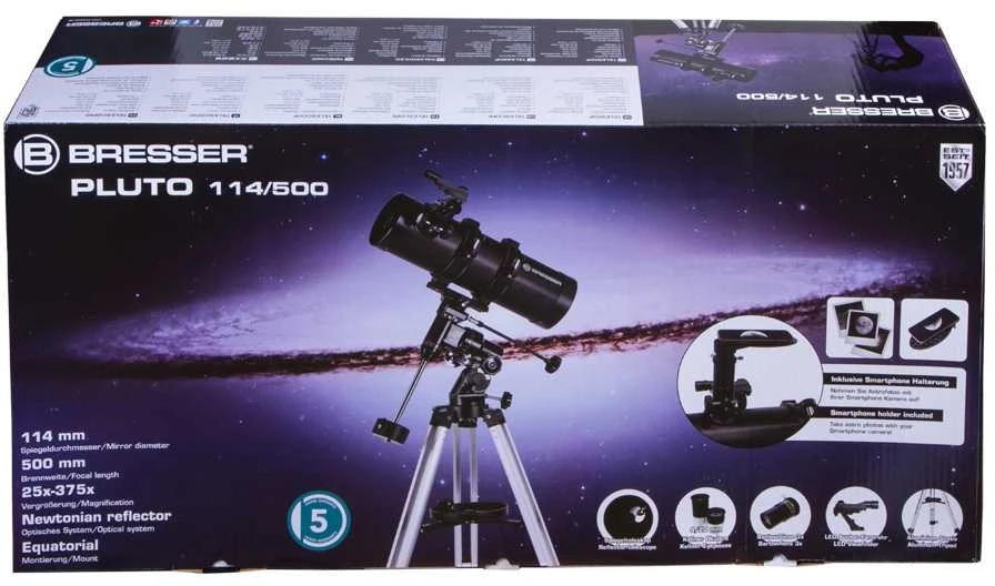 „BRESSER“ teleskopas „Pluto 114/500 EQ“ su išmaniųjų telefonų kameros adapteriu
