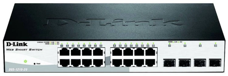 Šakotuvas D-LINK DGS-1210-20, Gigabit Smart Switch su 16 10/100/1000Base-T jungtys ir 4 Gigabit MiniGBIC (SFP) jungtys, 802.3x srauto valdymas, 802.3ad Link Aggregation, 802.1Q Quees.1p, 80 Prievado atspindėjimas,, Jumbo Frame palaikymas, 802.1D STP, ACL, LLDP, kabelių diagnostika, automatinio stebėjimo VLAN, automatinio balso VLAN, | D-Link | Tvarkoma L2 | Darbalaukis | 24 mėn.