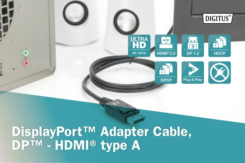 Assmann Electronic DIGITUS DisplayPort Adapteris Cable DP - HDMI Type A St / St 2.0m w / War. DP 1.2 HDMI 2.0 4K / 60Hz CE juodas