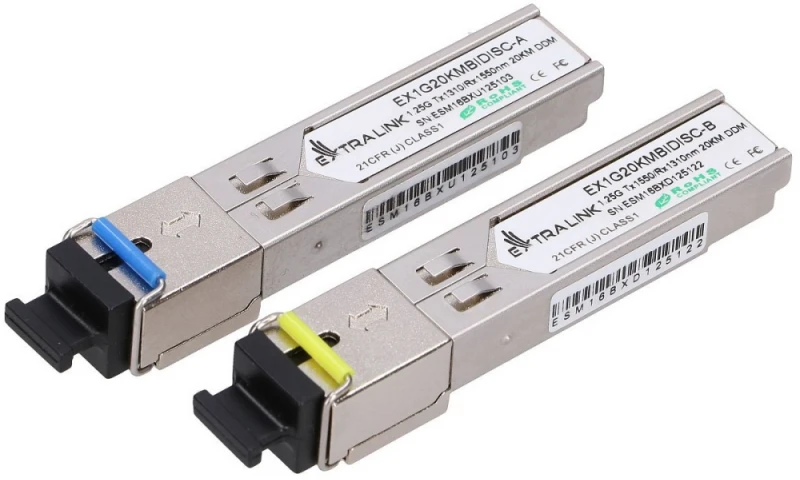 Šakotuvas „Extralink SFP 1.25G“ | Modulis SFP WDM | 1,25 Gbps, 1310/1550 nm, vienmodis, 20 km, SC, DOM, para