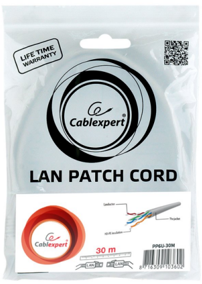 GEMBIRD PP6U-30M Grmbird UTP Cat6 Patch laidas, pilka, 30 m