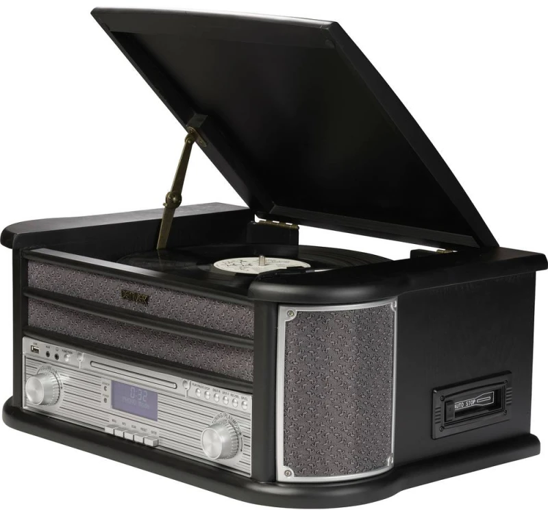 Muzikinis centras Medinis retro muzikos centras Denver MRD-51 su juodu patefonu