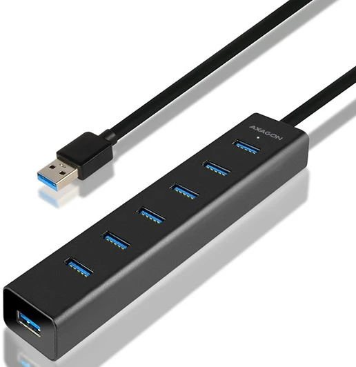 AXAGON HUE-SA7BP 7x USB3.0 ALU įkrovimo šakutė, įsk. AC Adapteris, Juodas