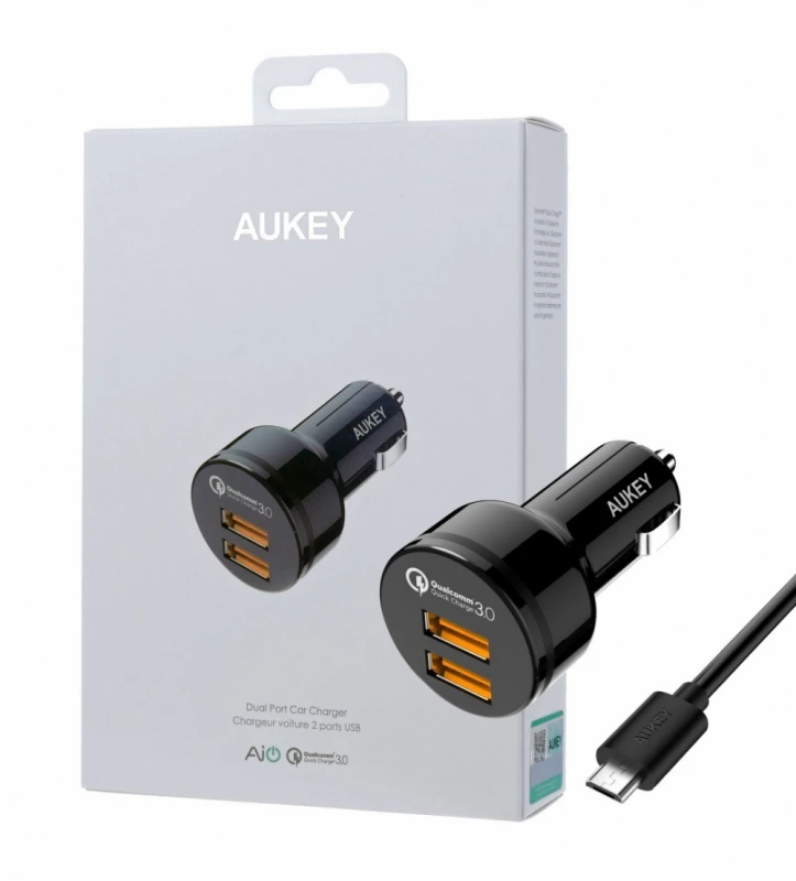 Aukey automobilinis įkroviklis 1.2 prievado (USB A tipo) su greito įkrovimo funkcija 3.0 CC-T8 Juodas