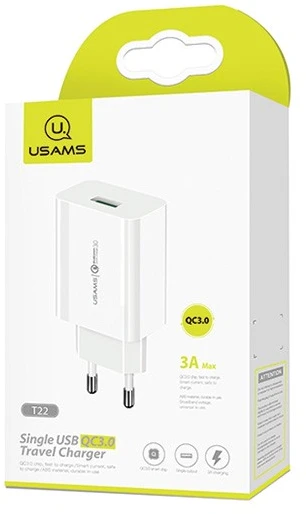 USAMS laidinis įkroviklis 1xUSB T22 18W 3A QC3.0 (tik galvutė) greitas įkrovimas baltos spalvos CC83TC01 (US-CC083)