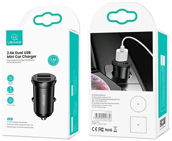 USAMS automobilinis įkroviklis 2xUSB 2.4A Mini juodas CC114TC01 (US-CC114)