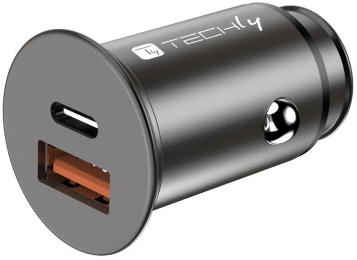 TECHLY mini automobilinis įkroviklis USB-A ir USB-C greitas įkrovimas 3.0 38W Juodas metalas