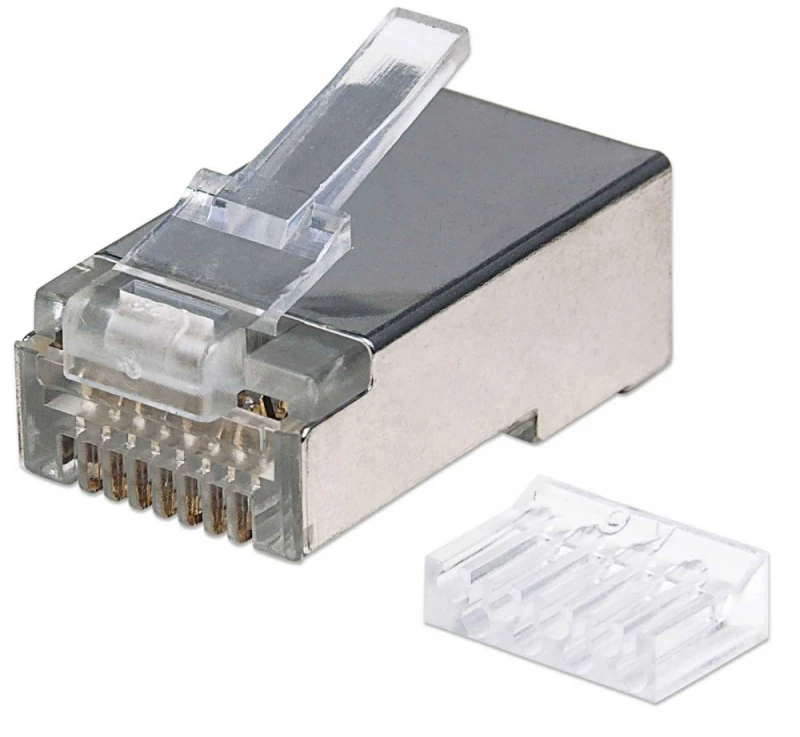 Intracom INTELLINET Cat6a RJ45 Moduliniai kištukai STP 3 šakų tvirtai vielai 90 kištukų indelyje skaidriai