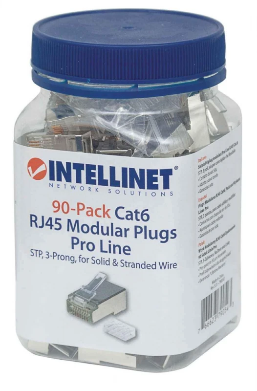 Intracom INTELLINET Cat6a RJ45 Moduliniai kištukai STP 3 šakų tvirtai vielai 90 kištukų indelyje skaidriai